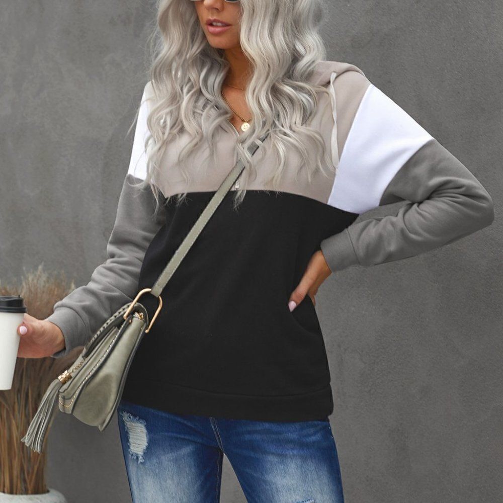 Hoodie Sweater Sweatshirt gray cotton color block quarter zip pullover